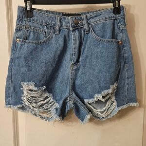 Fashion Nova 'Thoroughfare' Ripped Non Stretch Denim Shorts - Light Blue Wash